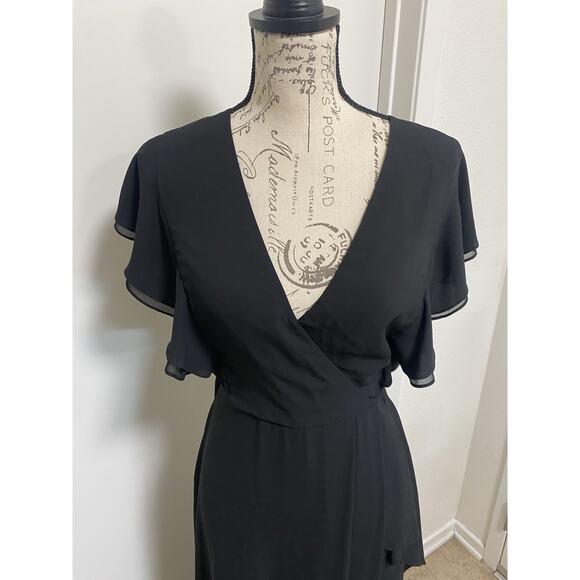 BCBGMAXAZRIA Dress Womens 12 Black Callie Ruffle Wrap Flutter Sleeve Maxi Gown - Picture 2 of 15